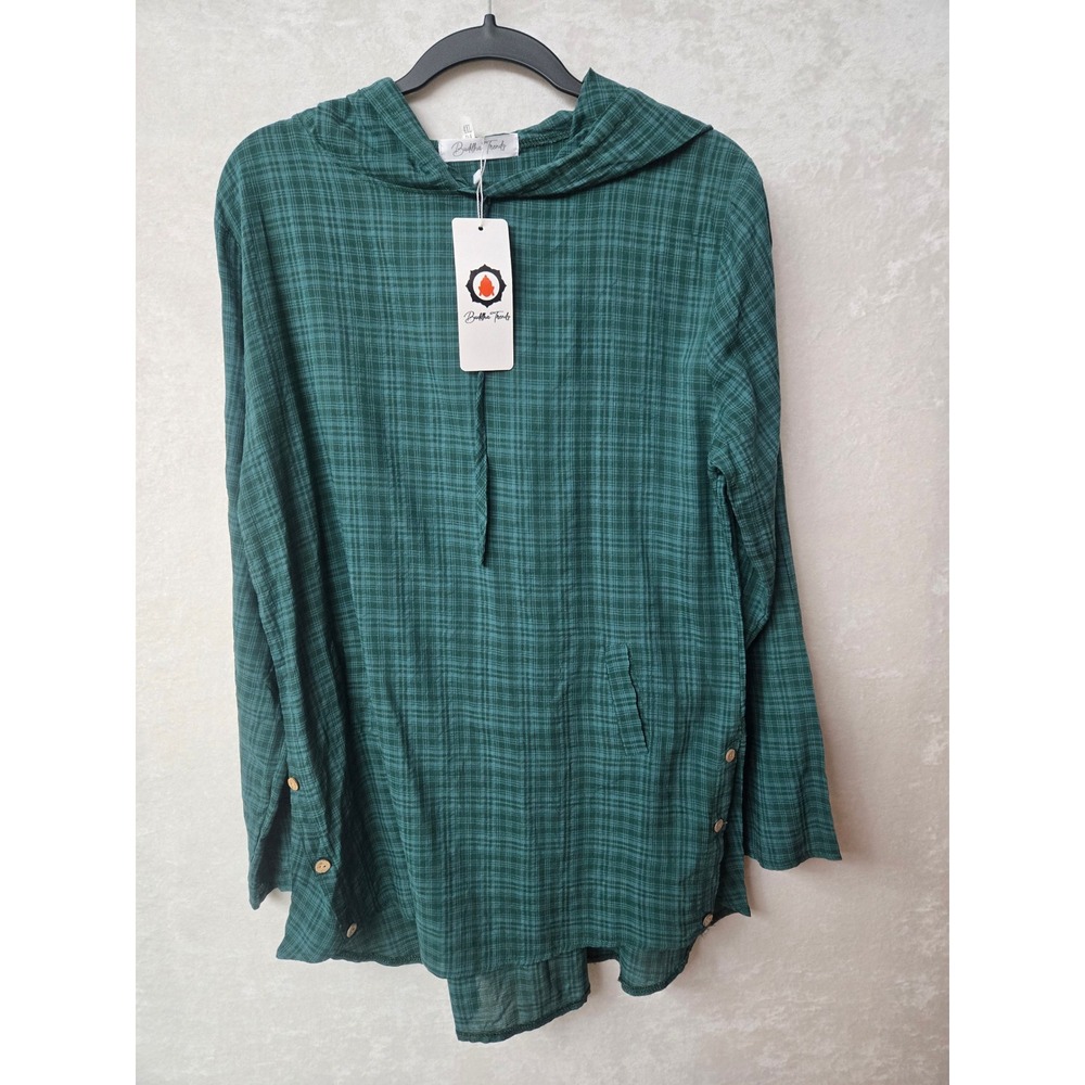 NWT Buddha Trends 4XL Green Plaid Hooded Tunic Top Long Sleeve Button Lagenlook